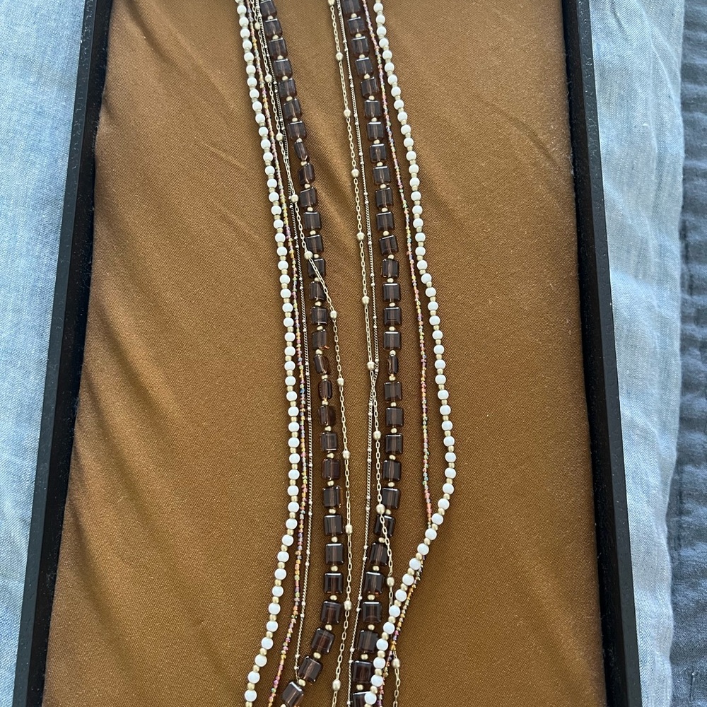 Layered Brown and White Beaded Multi-Strand Necklace